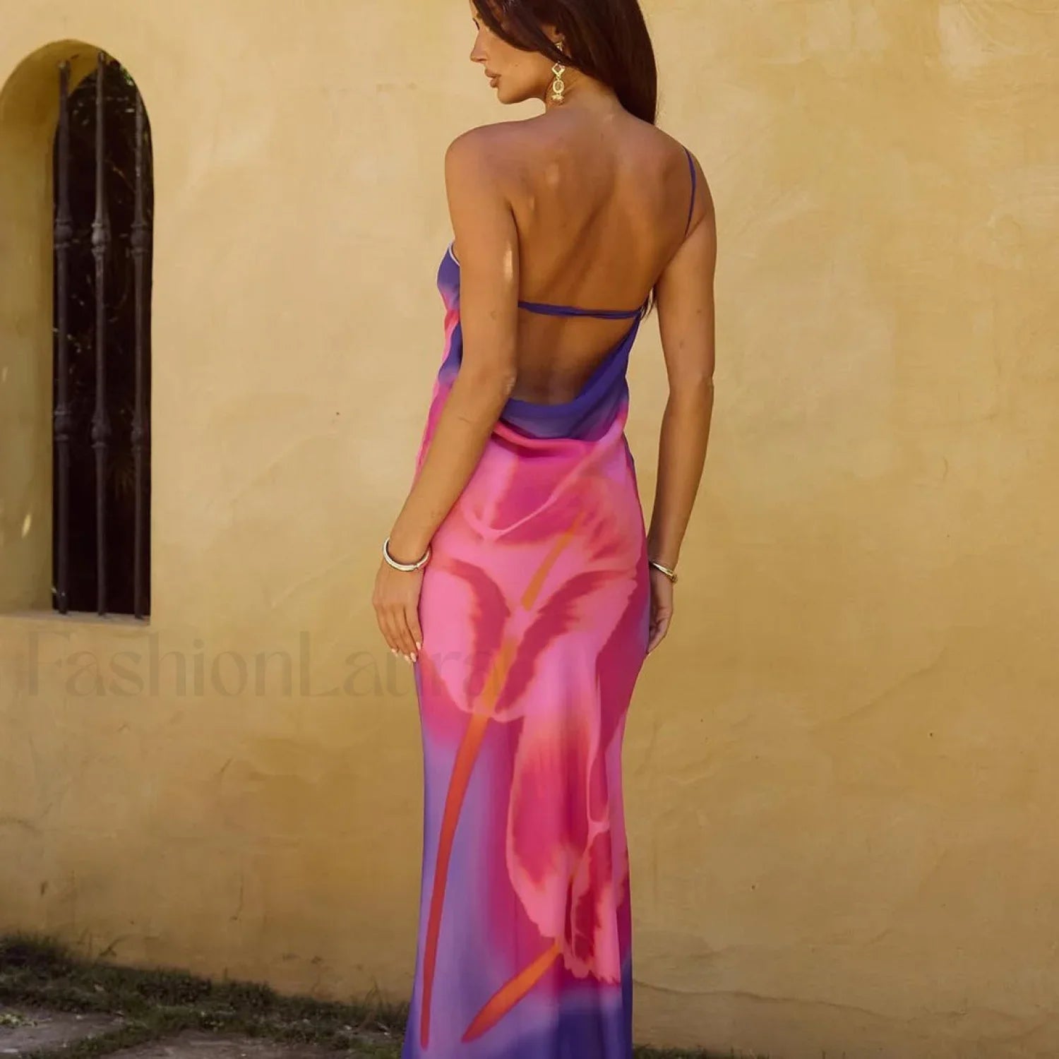 Backless Printed One-Shoulder Strappy Maxi Dress