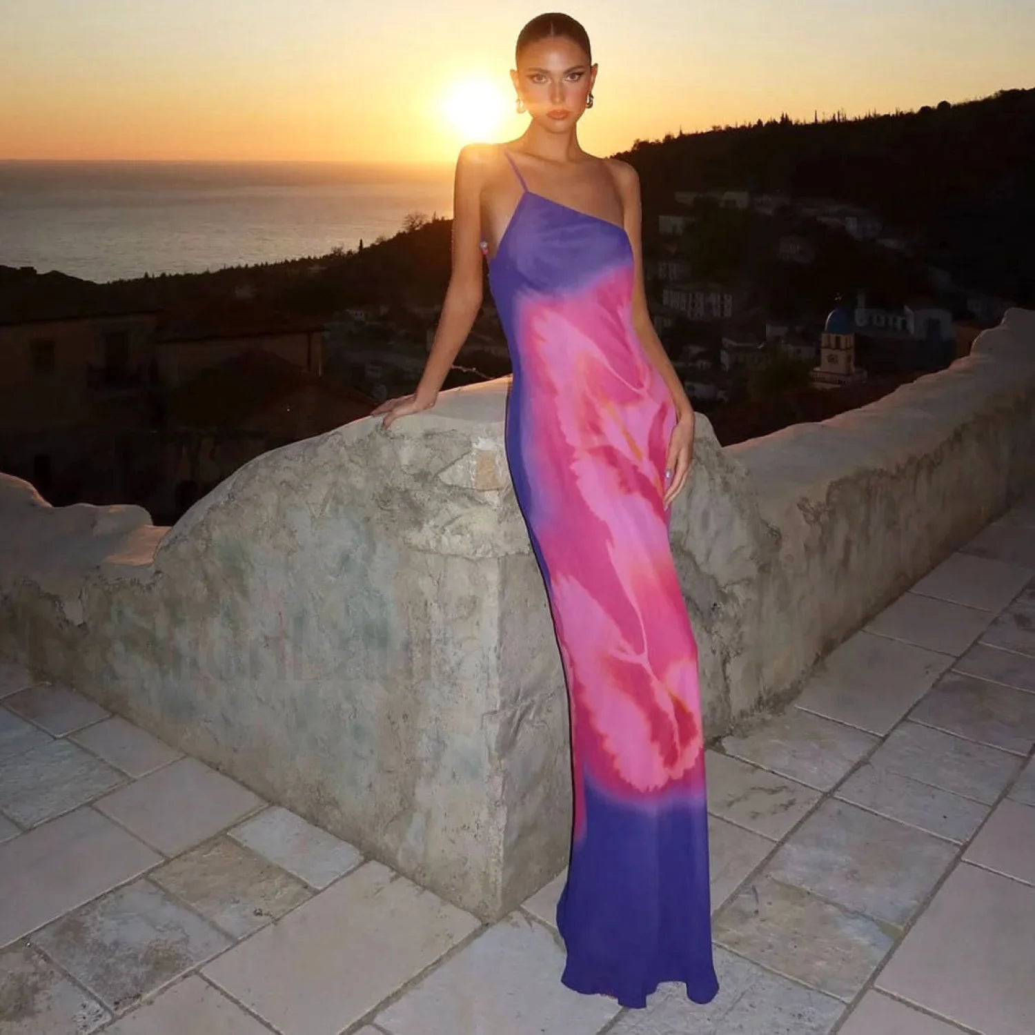 Backless Printed One-Shoulder Strappy Maxi Dress