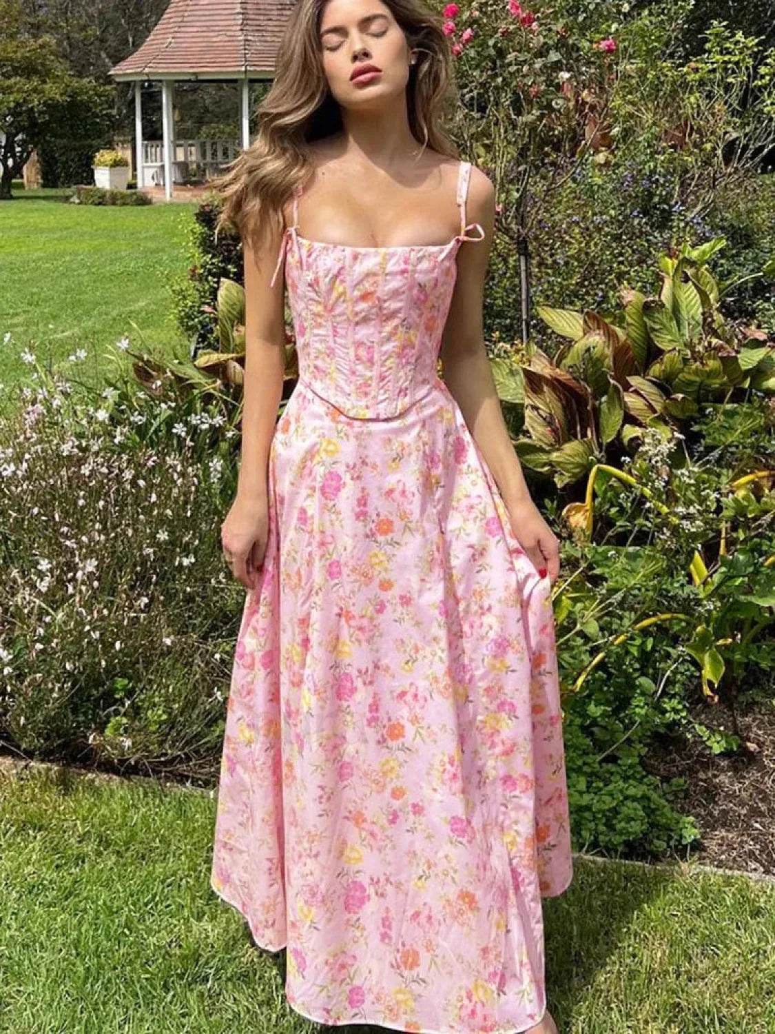 Backless Ribbed Spaghetti Floral Dress