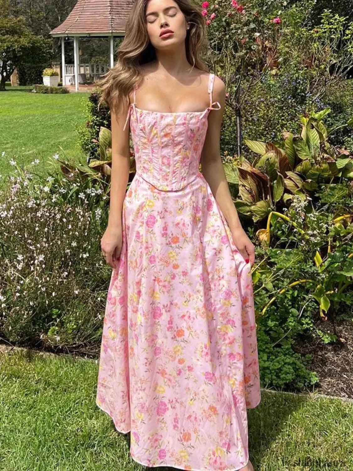 Backless Ribbed Spaghetti Floral Dress