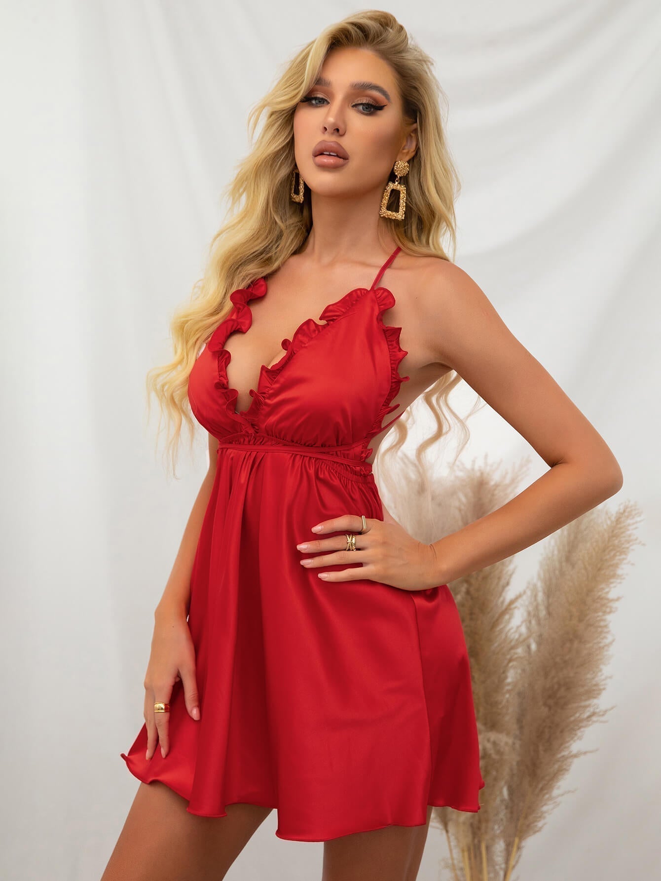Backless Ruffle Satin Mini Nightdress - View 3