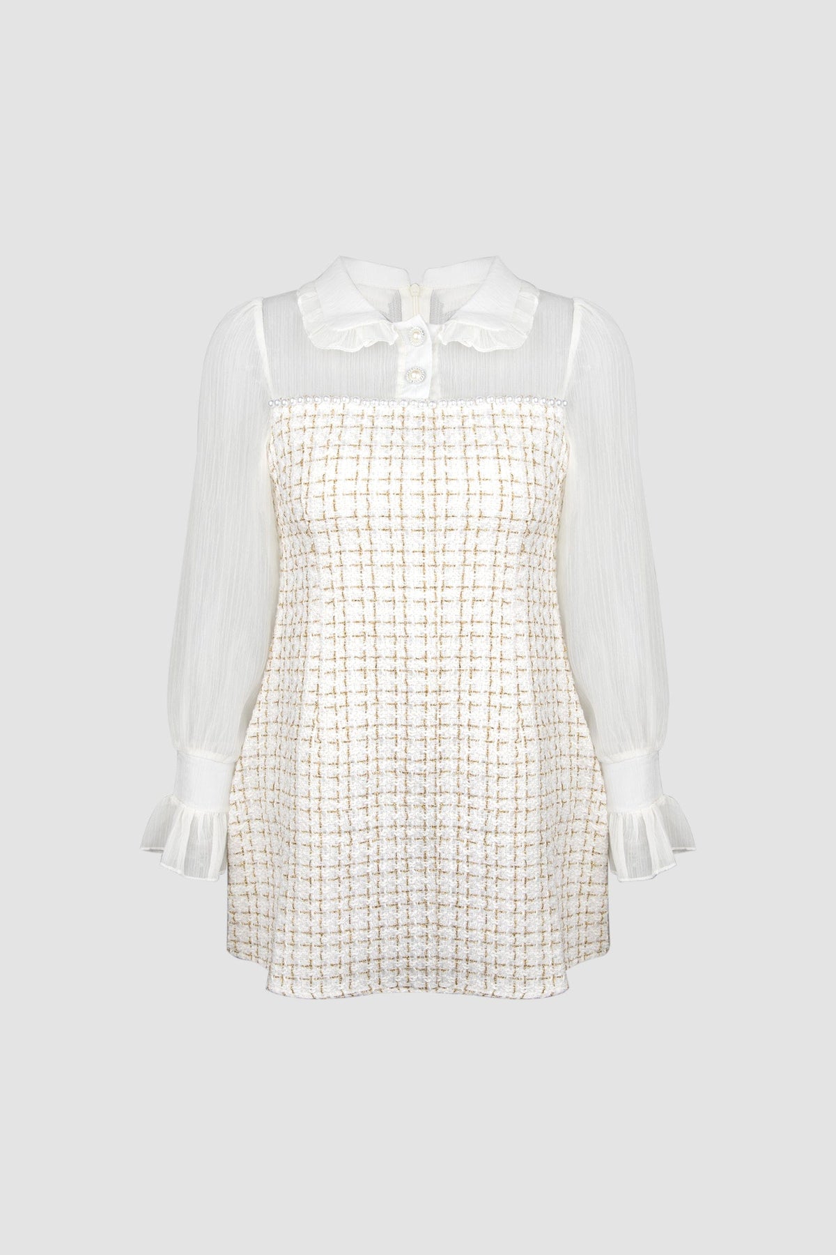 Tweed Ruffle Collar Sheer Long Sleeve Flared Cuff Mini Dress 7