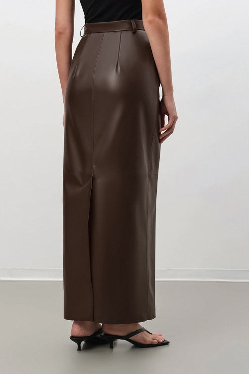 Faux Leather High Waist Paneled Straight Maxi Skirt 4