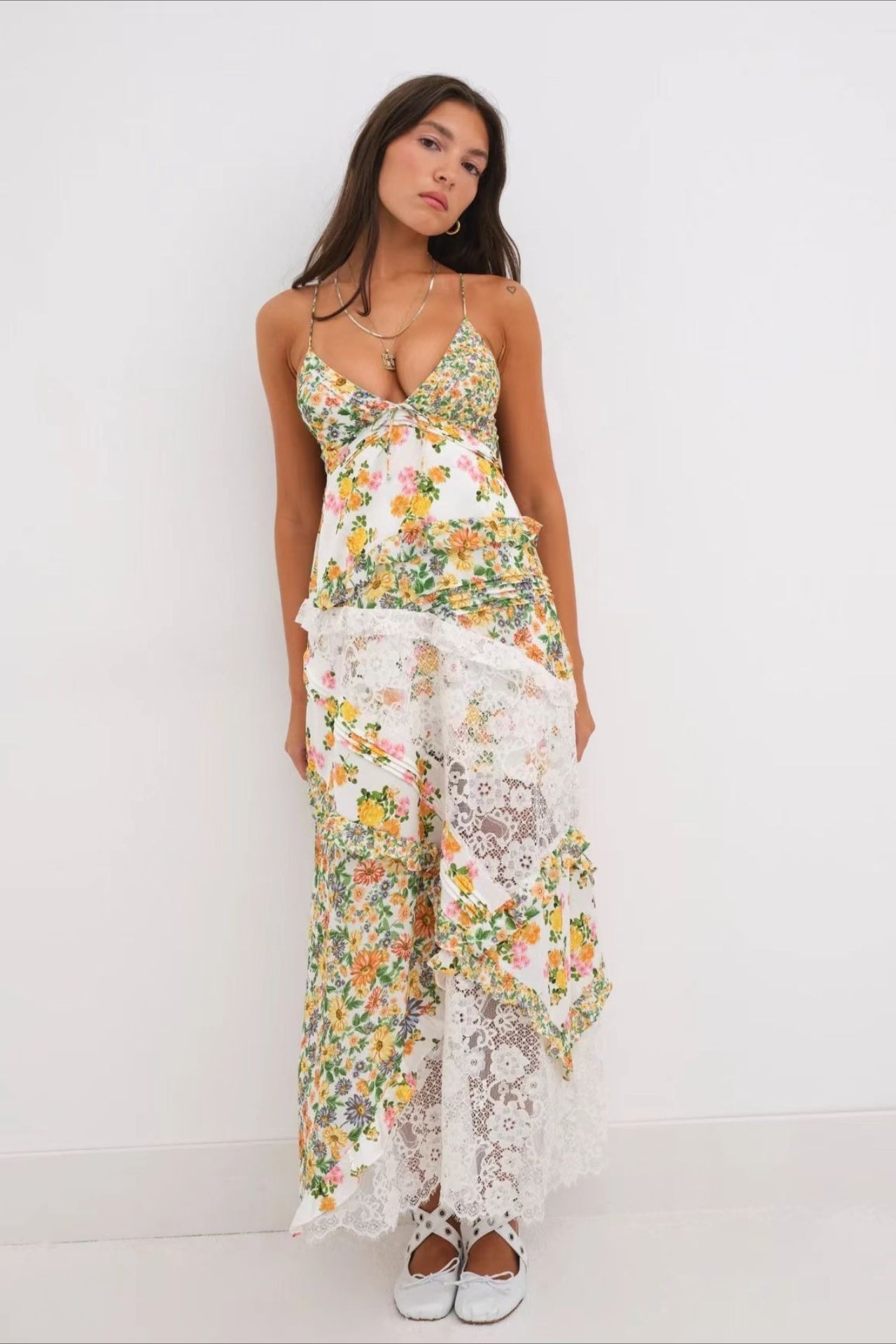 Floral Lace Deep V-Neck Spaghetti Strap Maxi Dress 12