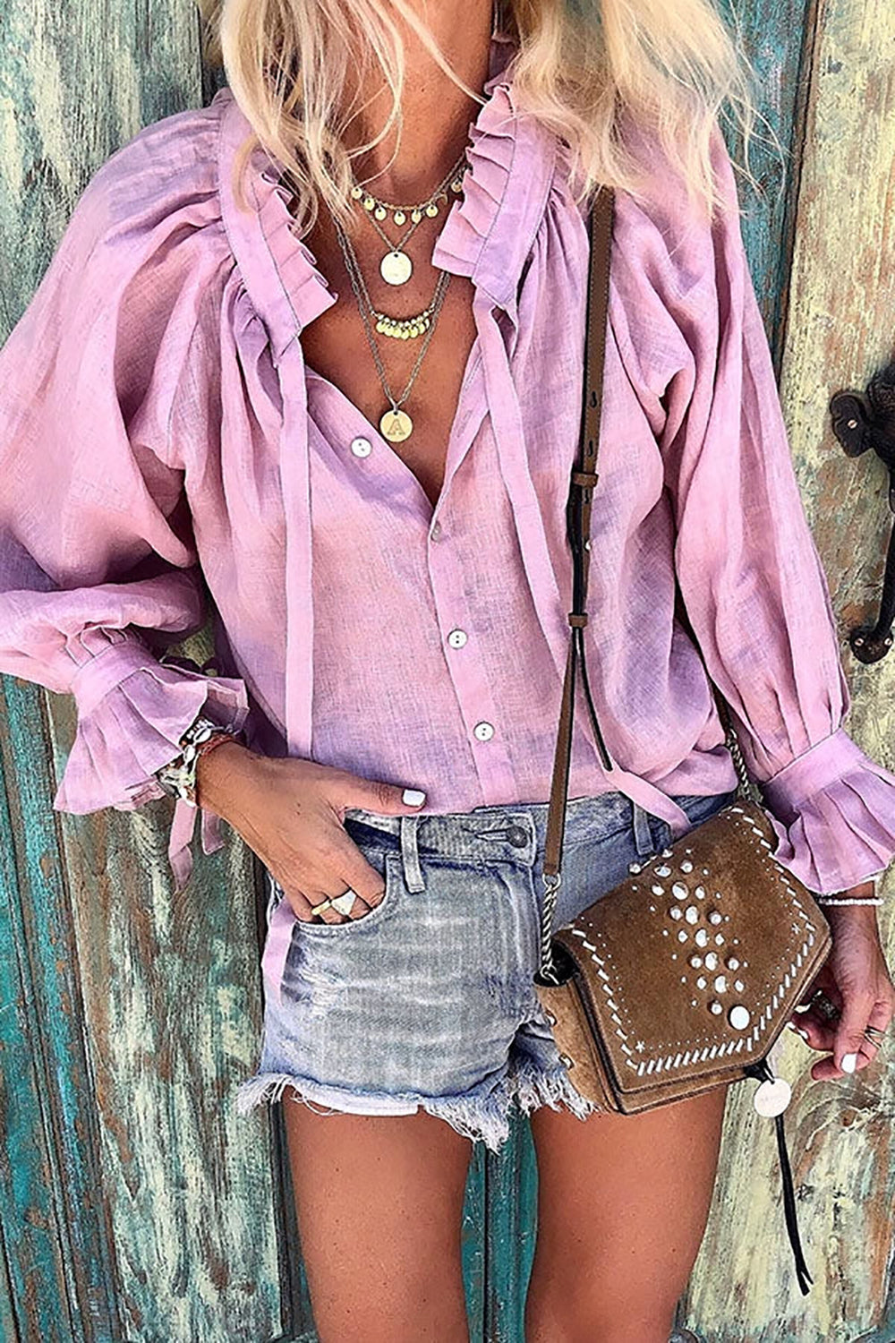 Ruffles Button Puff Sleeve Blouse