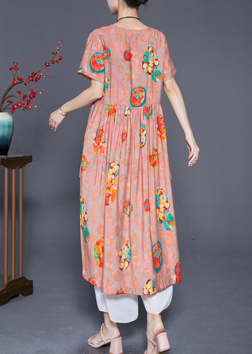 Abstract Print Round Neck Short Sleeve Empire Waist Gathered Midi Dress