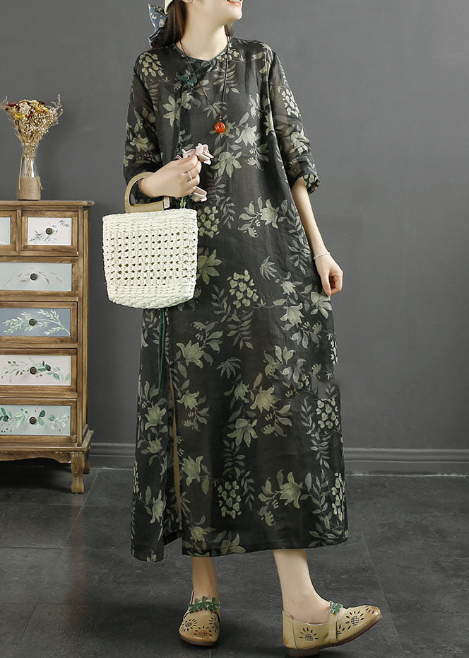 Botanical Print Frog Button Cheongsam Three Quarter Sleeve Maxi Dress