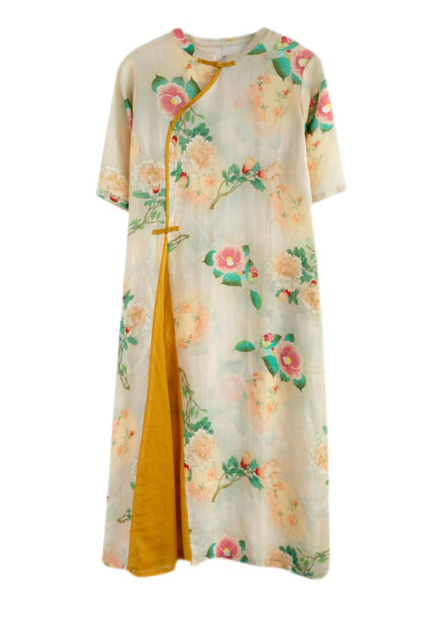 Floral Print Mandarin Collar Frog Closure Asymmetric Panel Short Sleeve Midi Dress