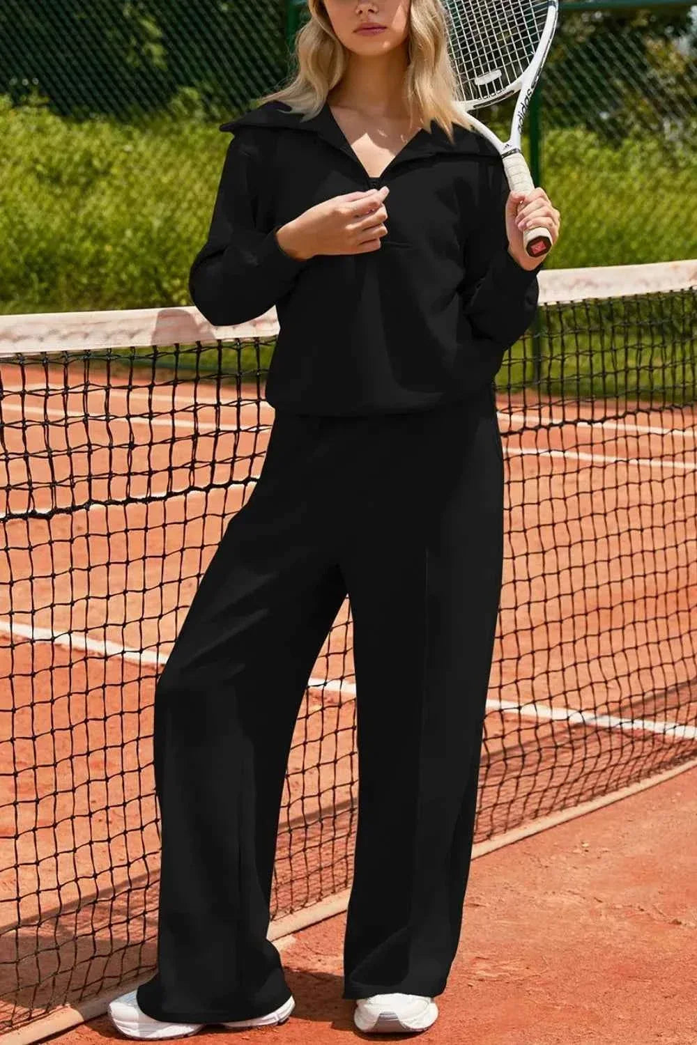 Quarter Zip Collared Sweatshirt and Wide Leg Pants Two Piece Set 3