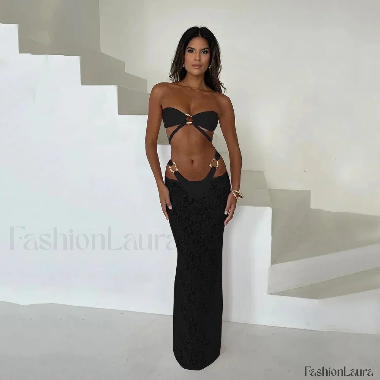 Bandeau Long Dress Bikini Three Piece Set