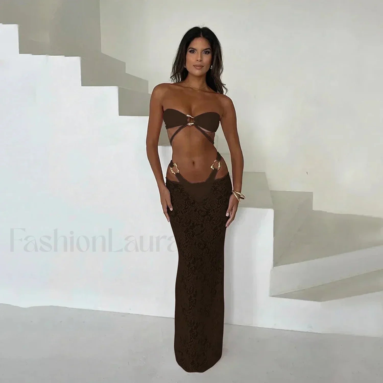 Bandeau Long Dress Bikini Three Piece Set