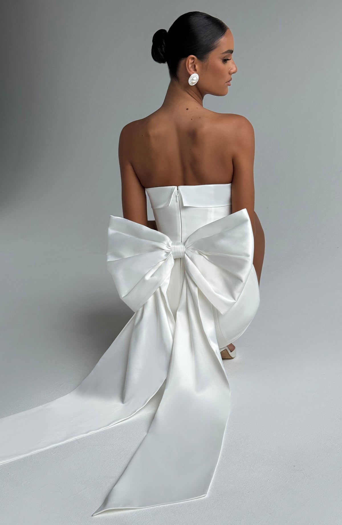 Satin Strapless Oversized Bow Back Train Mini Dress