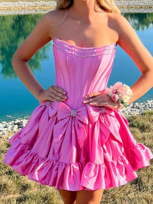 Satin Strapless Beaded Neckline Corset Bow Ruffle Hem Homecoming Dress