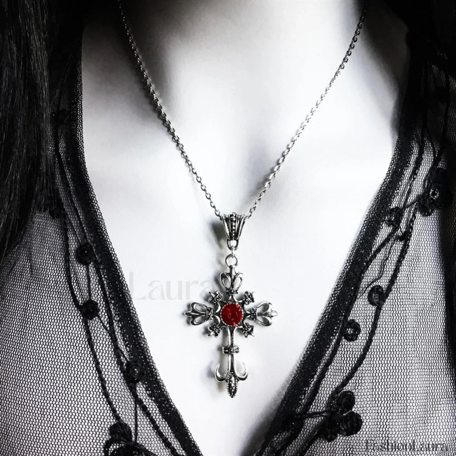 Baroque Large Silver Cross Pendant Necklace