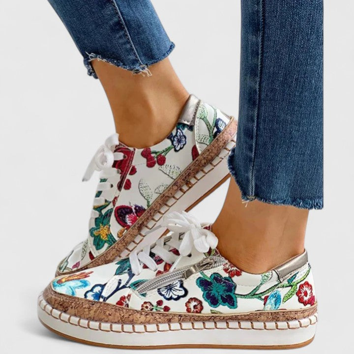 Floral Print Lace Up Side Zip Cork Platform Sneakers