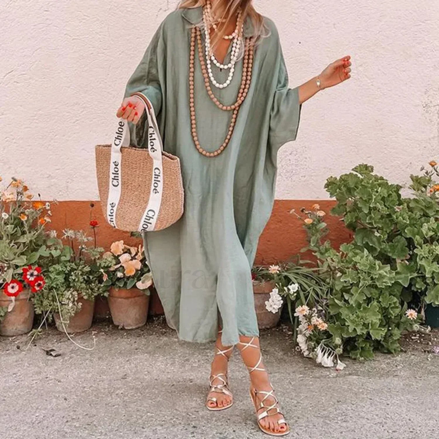 Bat-Sleeve Hemp Boho Dress