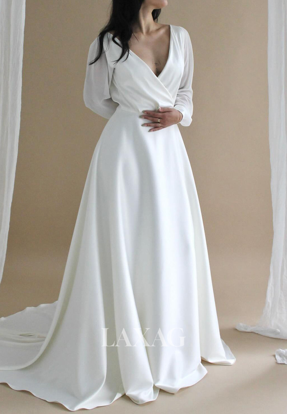 Deep V-Neck Long-Sleeves A-Line Wedding Dress Simple Pleated Chiffon Sweep Train Bride Gowns