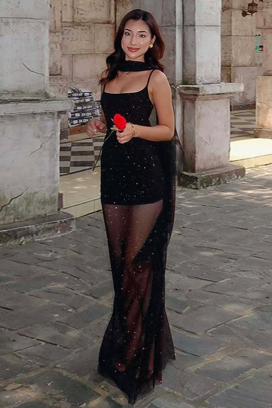 Sequin Spaghetti Strap Scoop Neck High Split Slip Maxi Dress