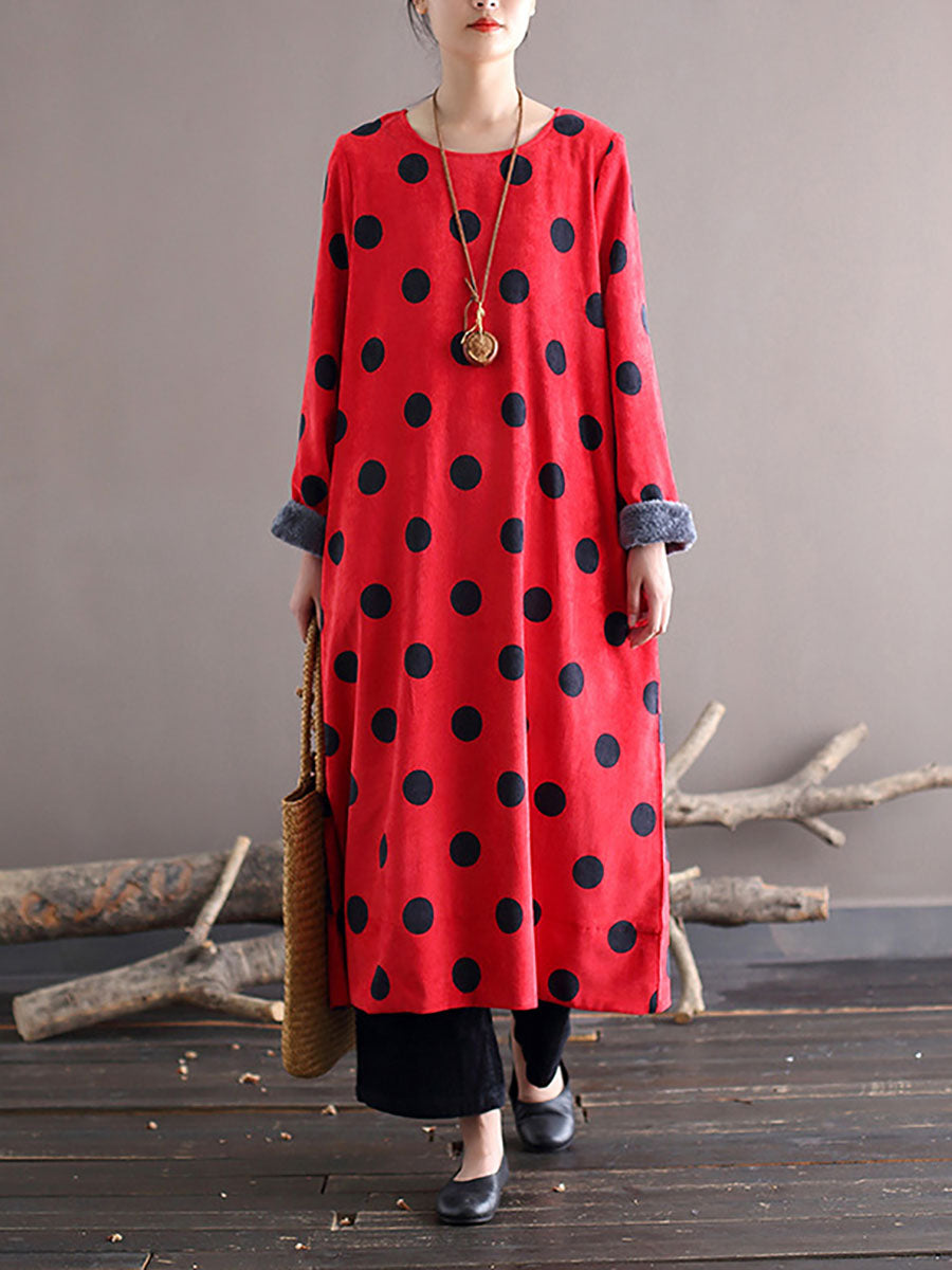 Polka Dot Corduroy Crew Neck Long Sleeve Oversized Midi Dress