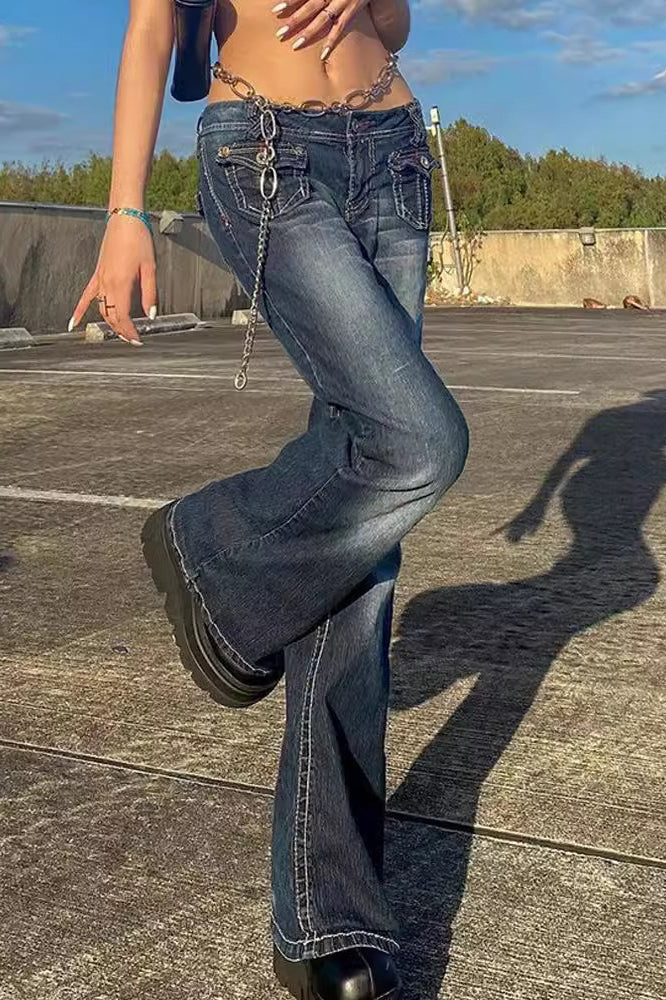 Low Rise Flap Pocket Contrast Stitch Washed Flare Denim Jeans