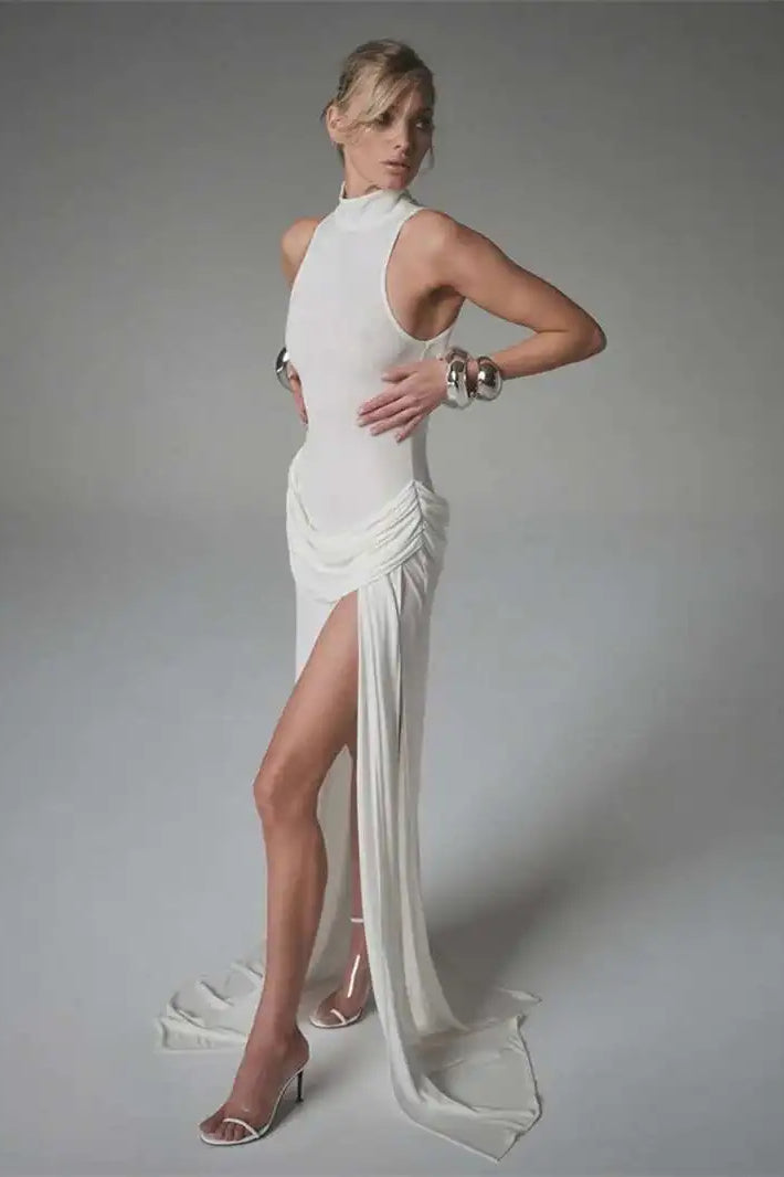 Turtleneck Off-Shoulder Sleeveless Pleated Maxi Dress