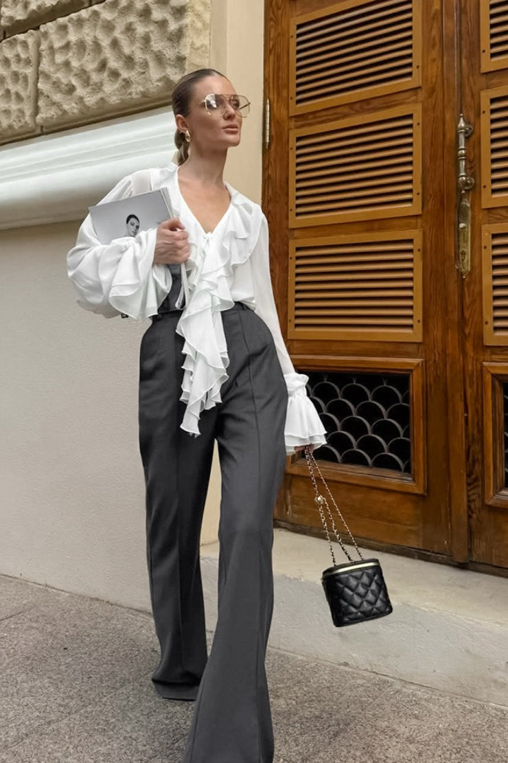 Ruffled V-Neck Tie Long Sleeve Blouse