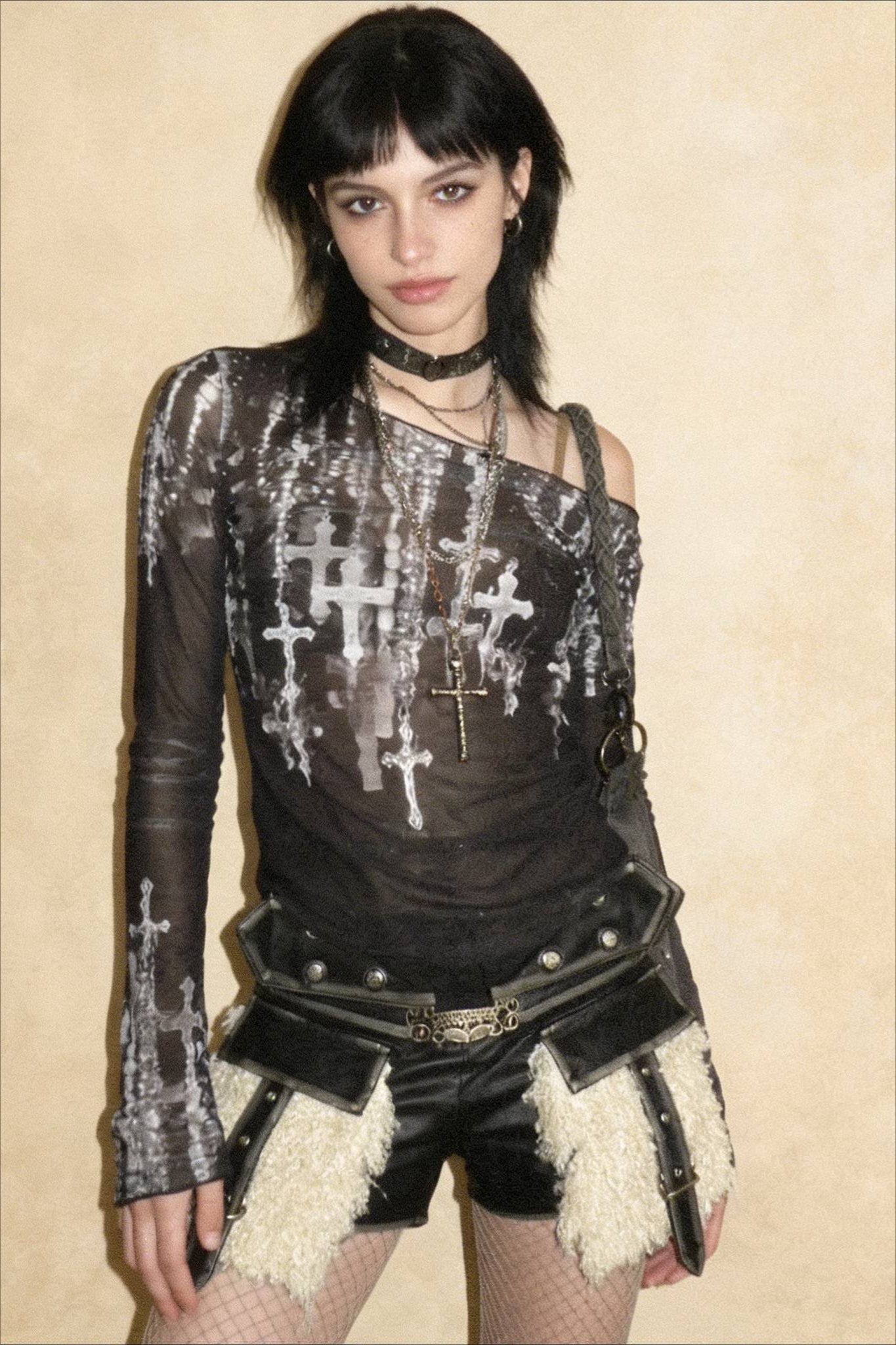 Grunge Cross Wide Neck Mesh Top