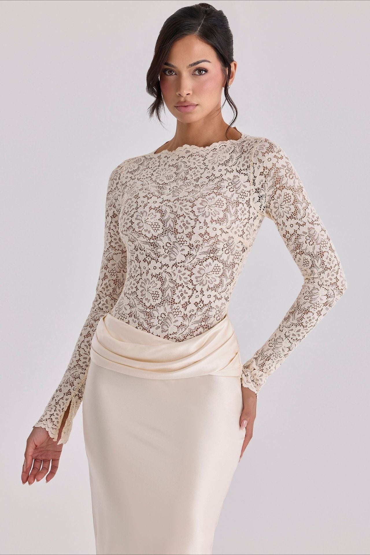 Sheer Lace Panel Ruched Satin Mermaid Maxi Lace Dress