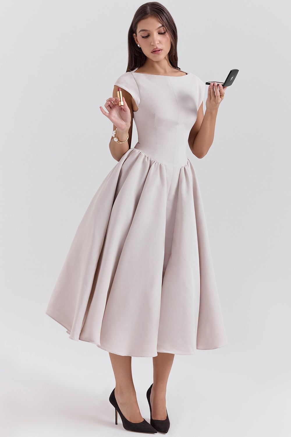 Boat Neck Cap Sleeve Drop Waist Full Skirt Midi Dress 5
