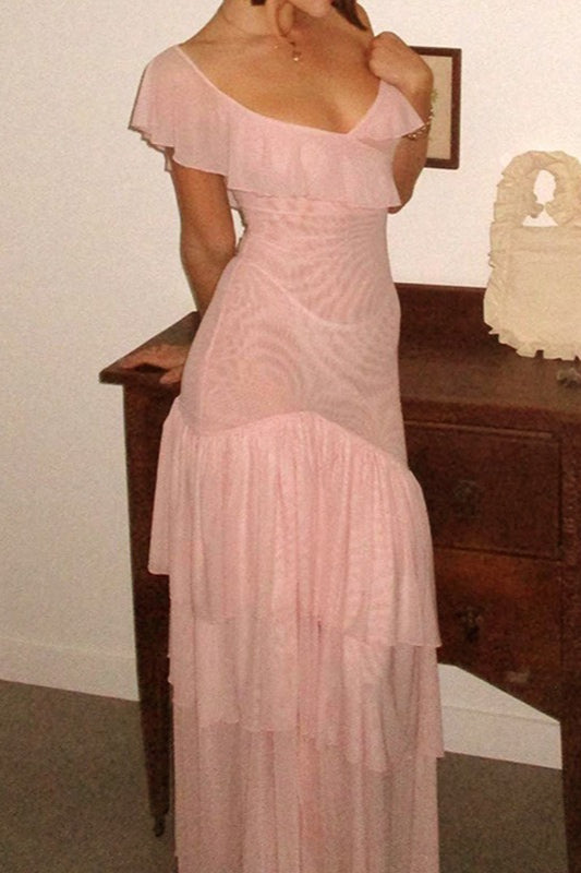 One Shoulder Ruffle High Split Tiered Maxi Dress