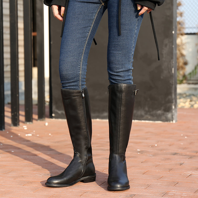 Handmade Soft��Leather Knee High Boots Side Zip Riding Boots Short Plush Lining in Black/Brown