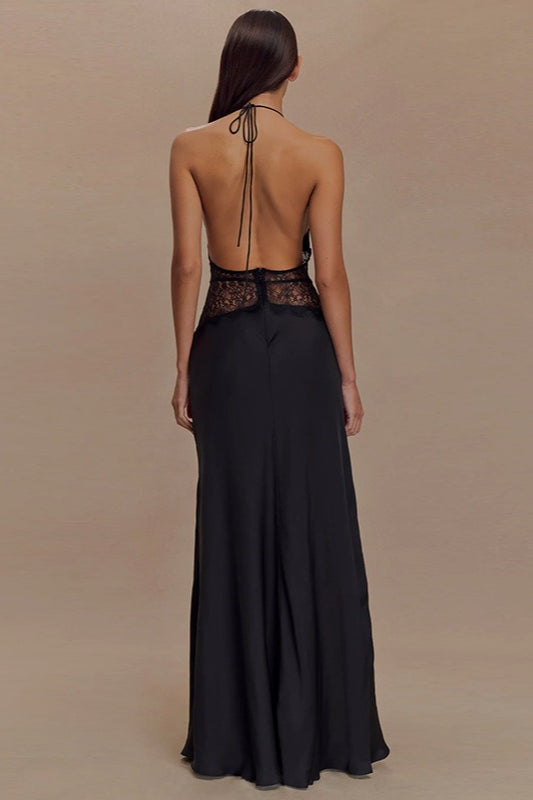 Satin Halter Deep V-Neck Lace Trim Backless Maxi Dress
