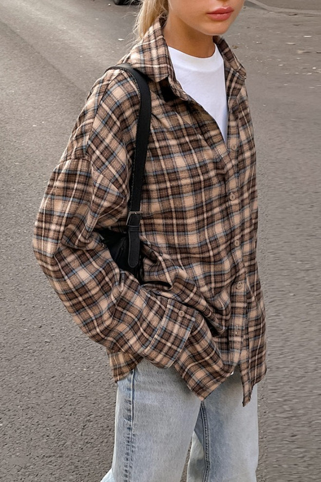 Plaid Oversized Collared Button Front Long Sleeve Shirt 4