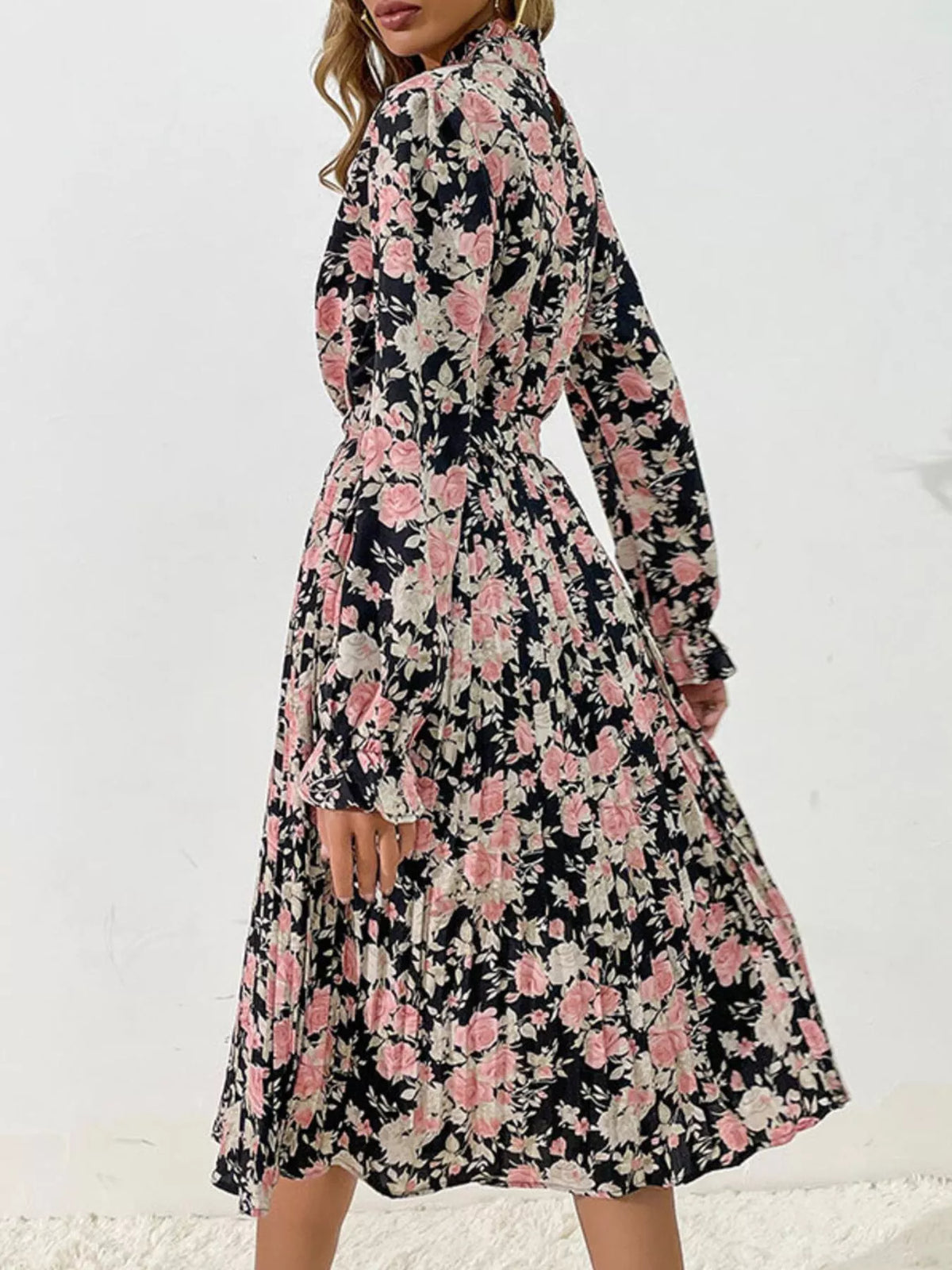 Floral Print Ruffle Mock Neck Long Sleeve Belted Pleated Midi Dress 8