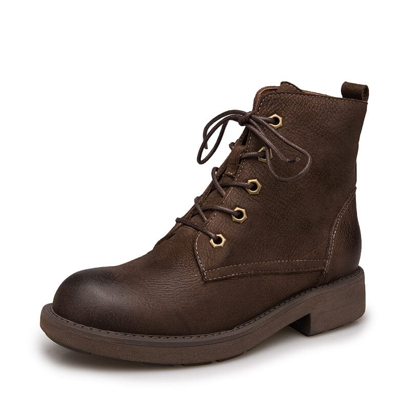 Full Grain Leather Combat Boots Designer Retro Chunky Boots Coffee/Black