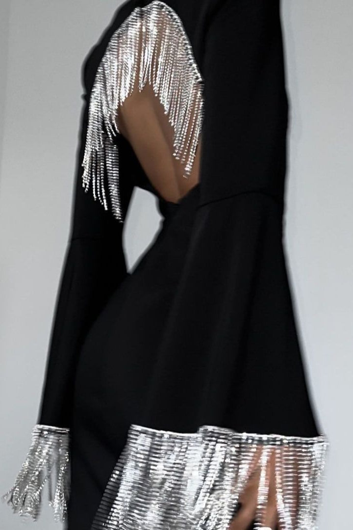 Rhinestone Fringe Bell Sleeve Square Neck Bodycon Mini Cocktail Dress