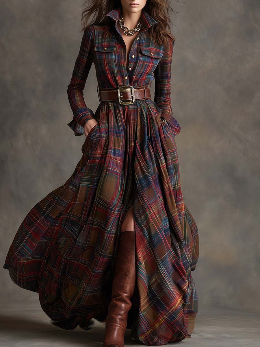 Plaid Long Sleeve Belted Button Front Maxi Shirt Dress