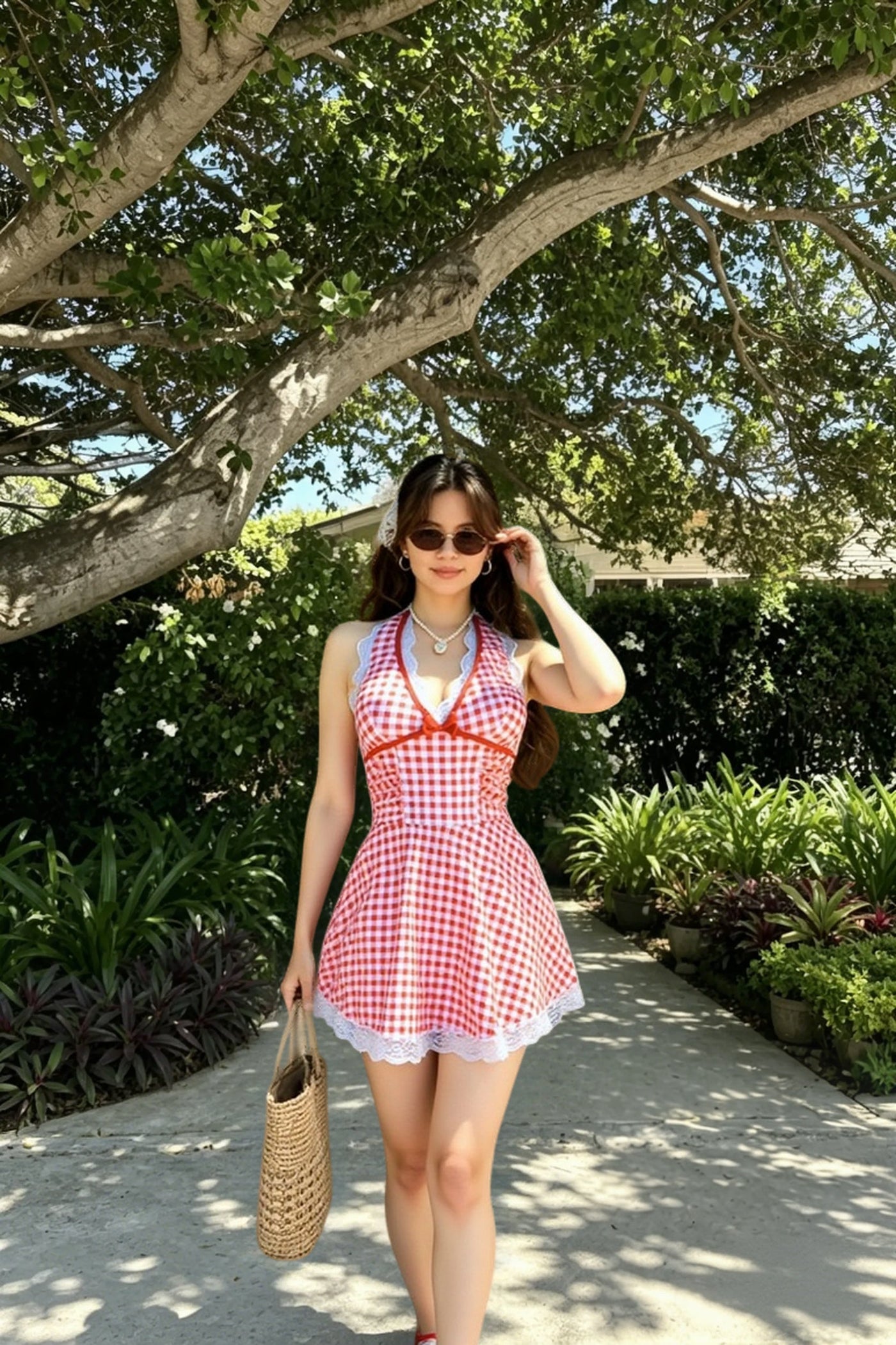 Chic Retro Plaid Open Back One Piece Swimsuit