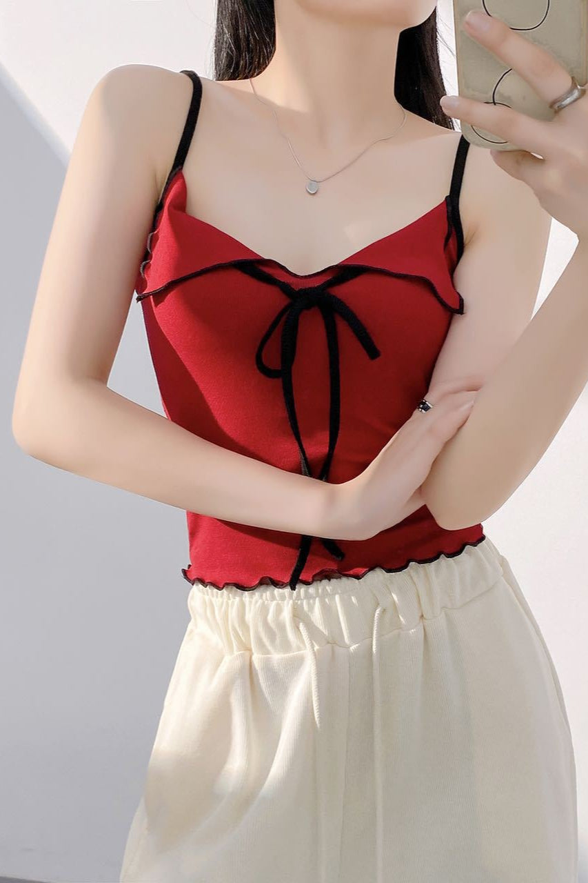 Bow Collar Color Block Halter Cami Top
