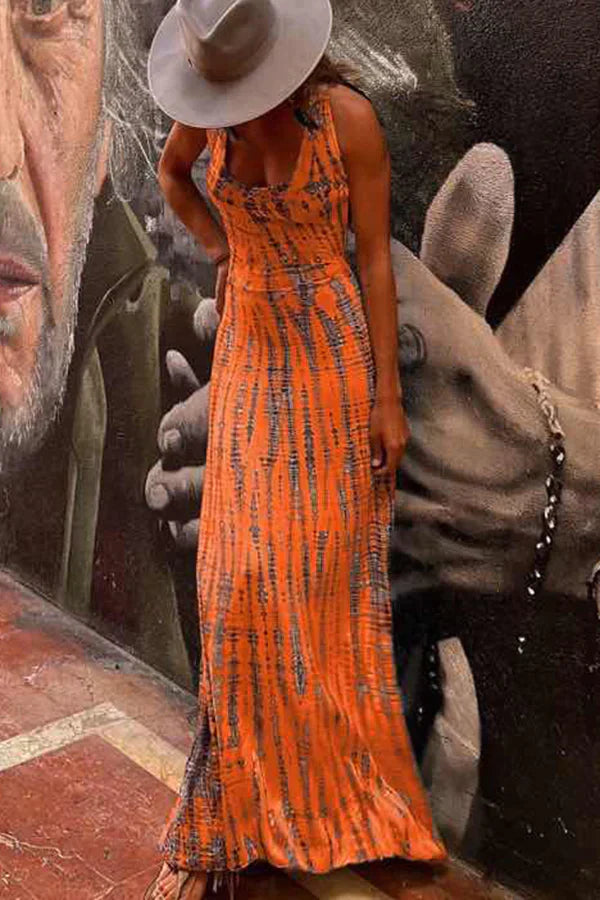 Tie Dye Scoop Neck Sleeveless Bodycon Maxi Dress