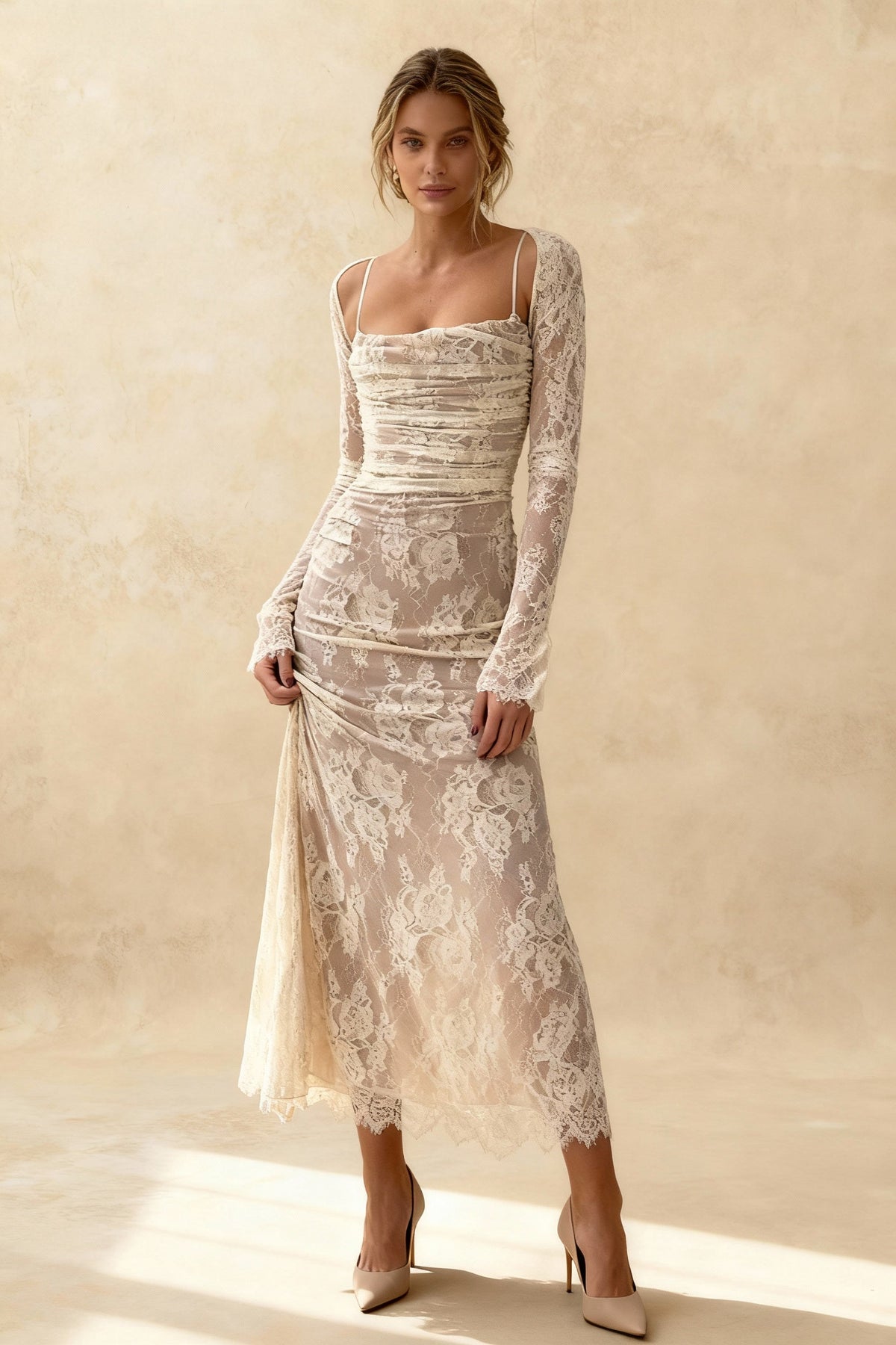 Floral Lace Square Neck Long Sleeve Ruched Bodice Scalloped Hem Midi Dress 2