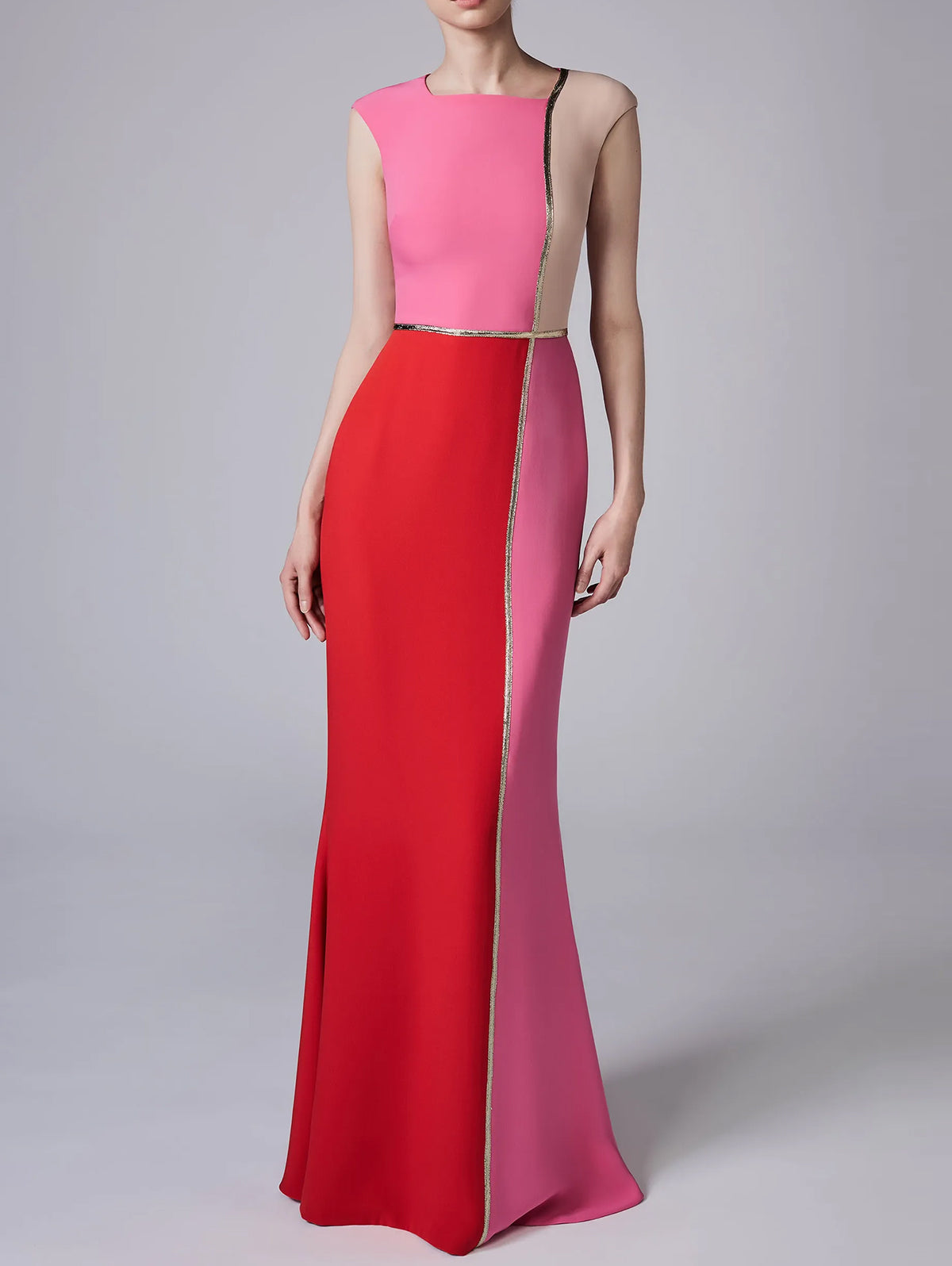 Sleeveless Color Block Contrast Piping Bodycon Mermaid Hem Maxi Gown