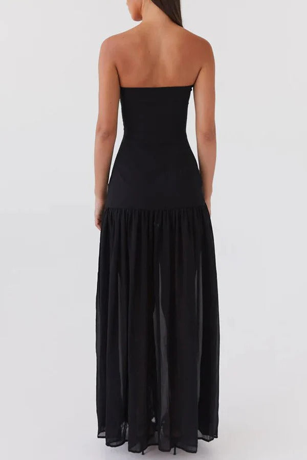 Strapless Drop Waist Gathered Skirt High Split Maxi Dress 15