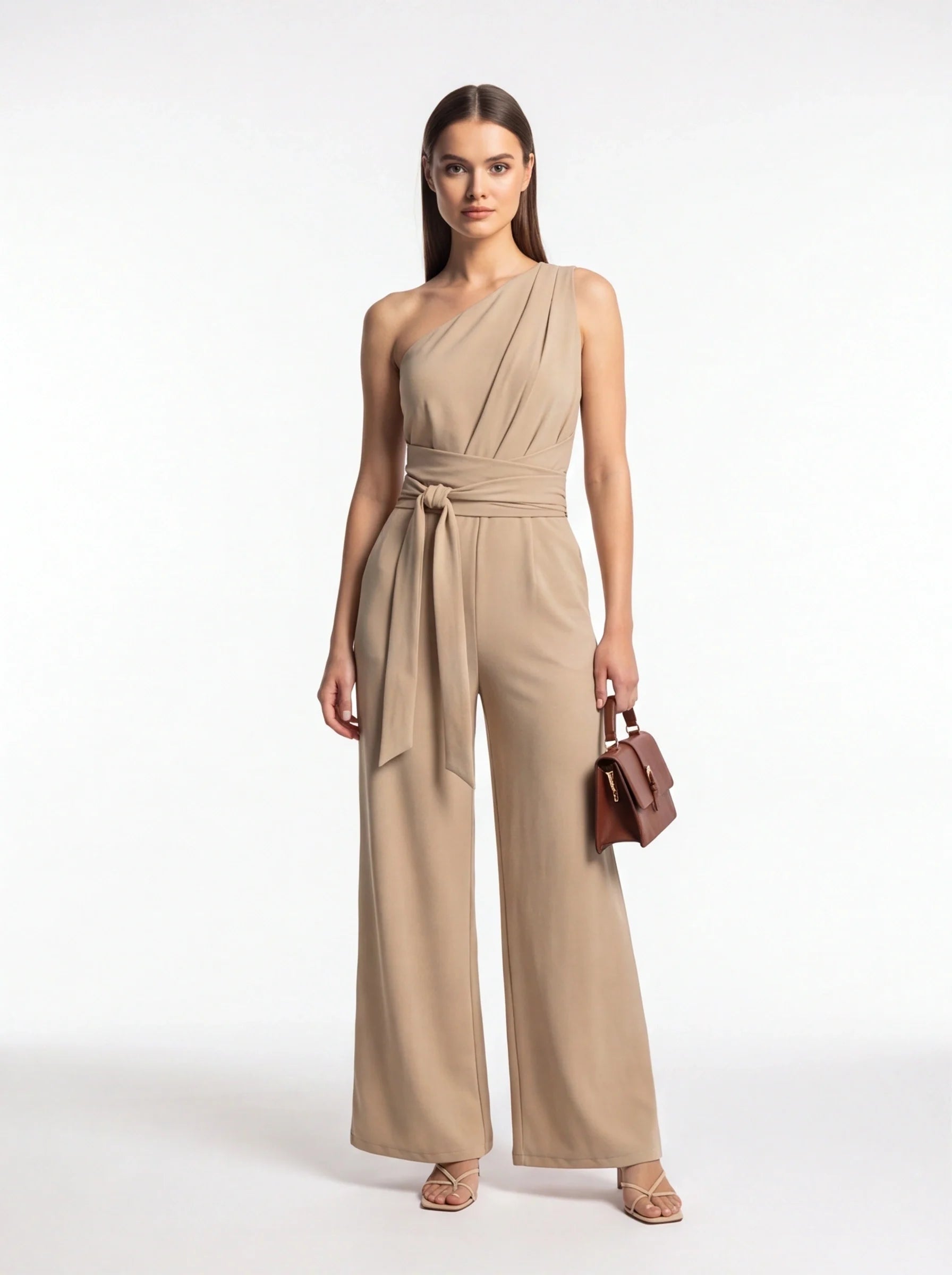 Elegant Asymmetric Wide-Leg Jumpsuit with Pockets & Adjustable Straps