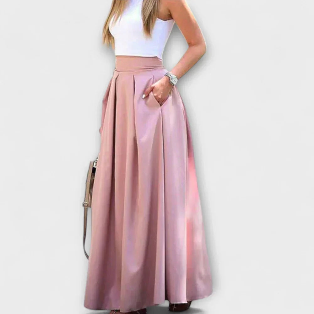 High Waist Pleated Pocket Flared Maxi Skirt