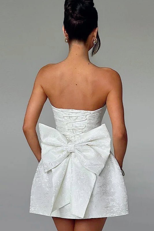 Jacquard Strapless Bow Back Fit and Flare Mini Dress