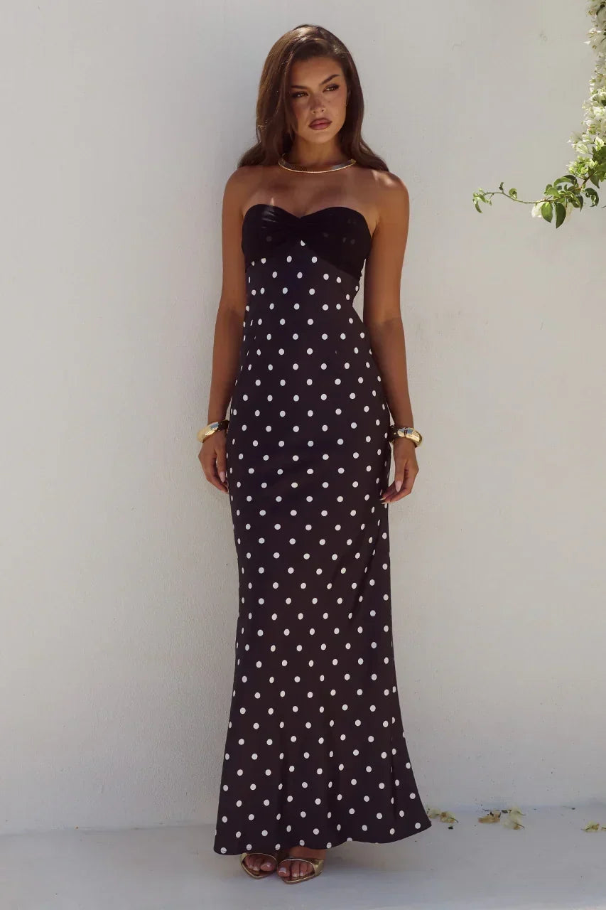 Polka Dot Strapless Ruched Sweetheart Bust Mermaid Maxi Dress