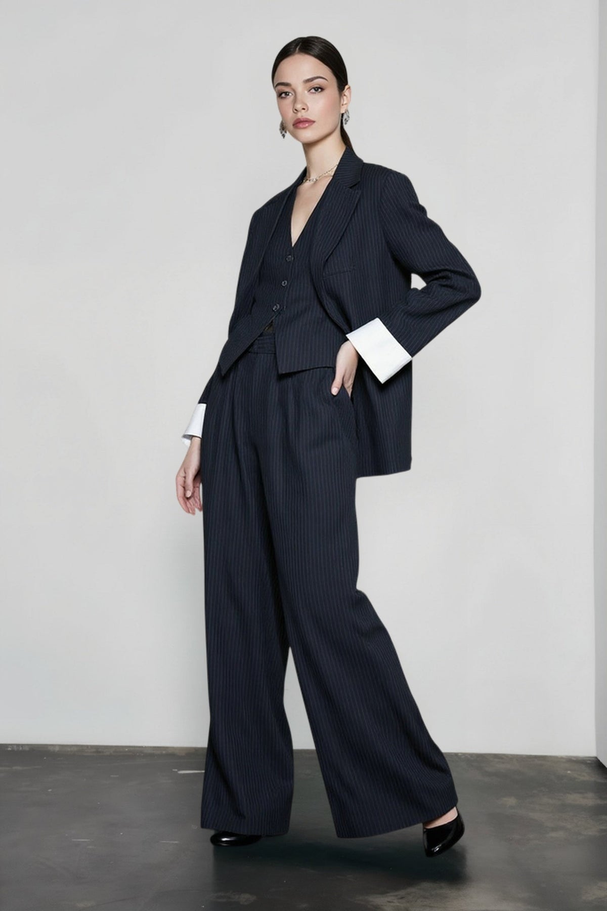 Pinstripe Blazer Vest and Wide Leg Trousers Three Piece Suit Set