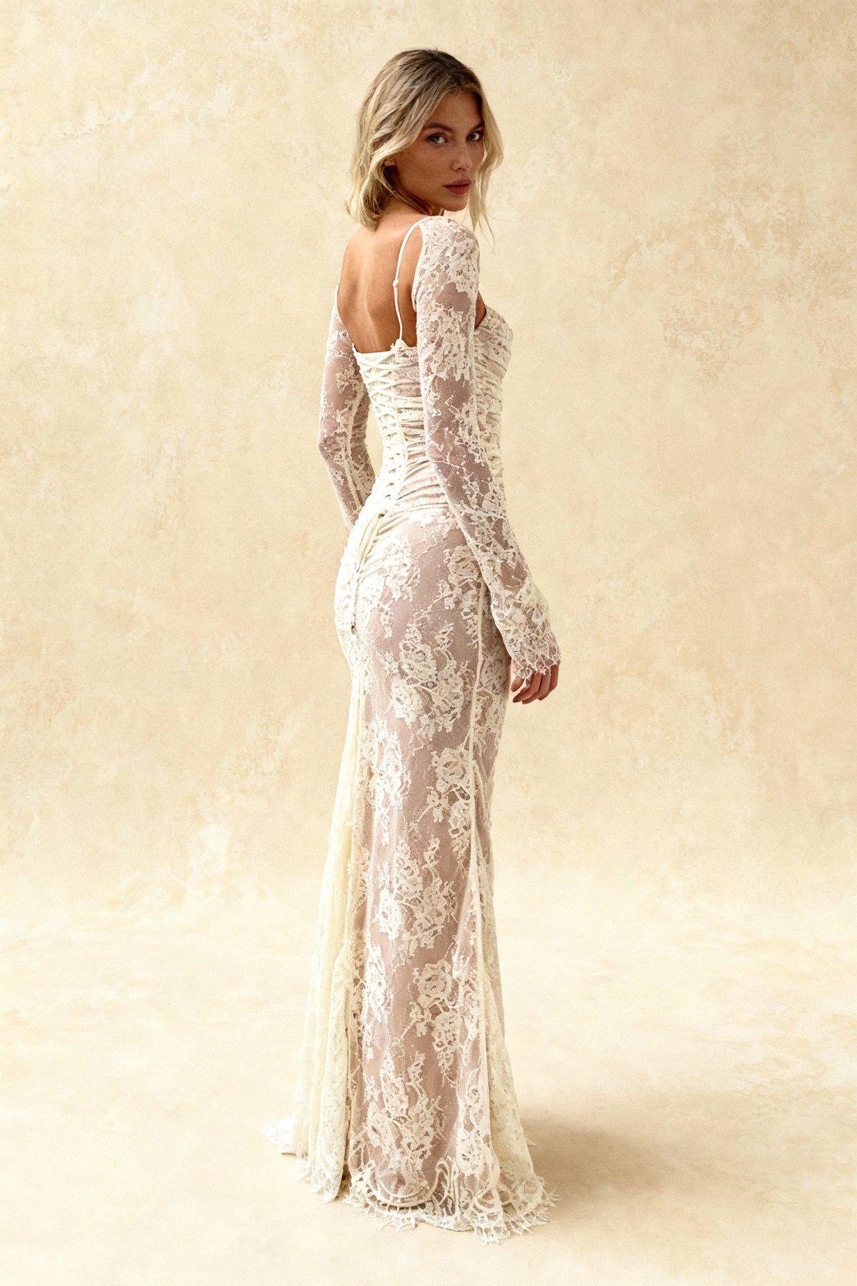 Floral Lace Square Neck Long Sleeve Ruched Bodice Scalloped Hem Midi Dress 3