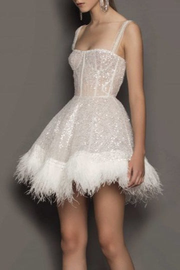 Sequin Square Neck Corset Bodice Feather Hem Fit and Flare Mini Dress 3